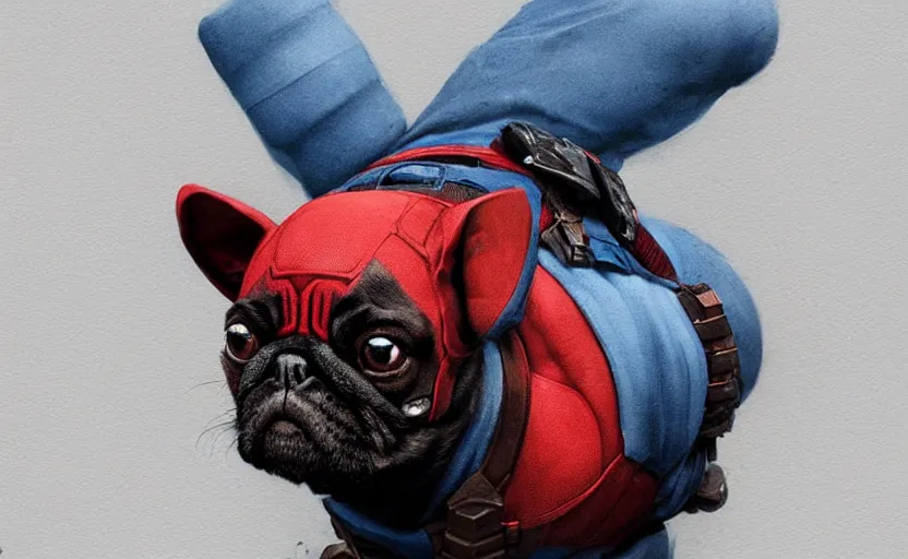 Prompt: a pug dog dressed as deadpool, soft grey and blue natural light, intricate, digital painting, artstation, concept art, smooth, sharp focus, illustration, art by greg rutkowski and luis rollo and uang guangjian and gil elvgren, symmetry!