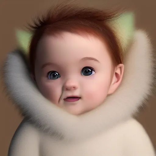 Image similar to a cute little angel baby with long fur, portrait, pixar style, extremely realistic photo, heaven background, cinematic lighting, award winning creature portrait photography