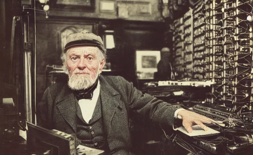 Image similar to movie still close-up portrait of an 19th century elderly man working on a 1880s supercomputer in a victorian house, by David Bailey, Cinestill 800t 50mm eastmancolor, heavy grainy picture, very detailed, high quality, 4k, HD criterion, precise texture and facial expression