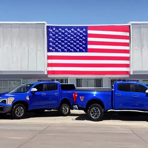 Prompt: photo of big blue biden pickup trucks with american flags on them. guns can be seen blaring out of the windows.