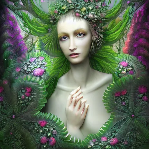 Prompt: an idealistic woman, porcelain face, clear eyes, with classic cloth and fractal flowery hair in a fractal garden, glowing delicate flower and ferns that grow in a dark fatansy forest on the planet pandora,