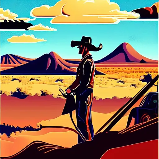 Image similar to digital illustration cowboy on the range, beautiful New Mexico landscape, Art Deco, dark deco, animated series, by Eric Radomski