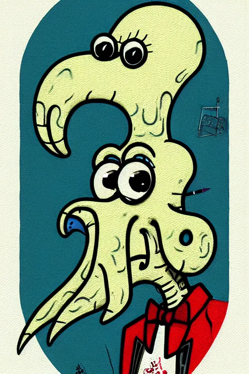 Prompt: squidward testacle, pop art, pixel, ultrarealistic digital art, concept art, aesthetic details, random anatomy features animals + human + environment, random object position, smooth painting, intricate details, sharp focus, three colors, classic, paper border, elegant, 4 d, watercolor pencil + ink drawing, art by mimmo rottela and bengus and banksy