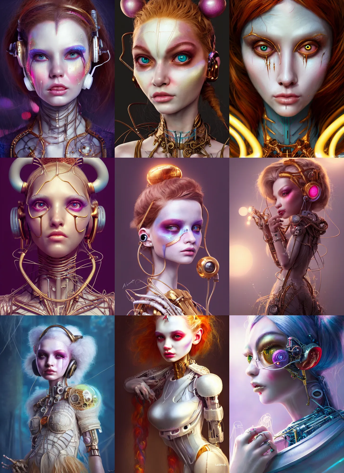 Prompt: disney weta 8 k, soft lustrous white biotech raver clowncore cyborg, earbuds, golden ratio details, sci - fi, fantasy, cyberpunk, intricate, decadent, highly detailed, digital painting, ever after high, octane render, artstation, concept art, smooth, sharp focus, illustration, art by artgerm, loish, wlop