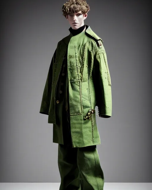 Prompt: a fashion editorial photo of a green extremely baggy short ancient medieval designer menswear moto jacket with an oversized collar and baggy bootcut trousers designed by alexander mcqueen, 4 k, studio lighting, wide angle lens