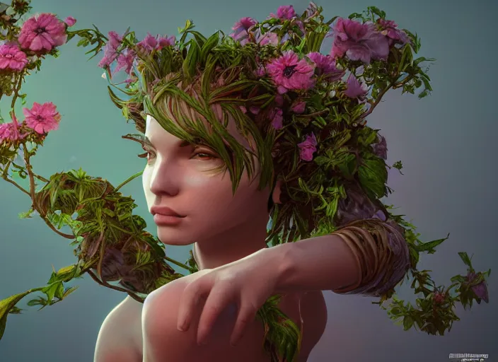 Image similar to Fantasy Alrune androgynous plant humanoid with flowers in hair plant body by Larry Elmore and Ilya Kushvikov, symmetrical face concept art, octane render unreal engine meta humans, artstation