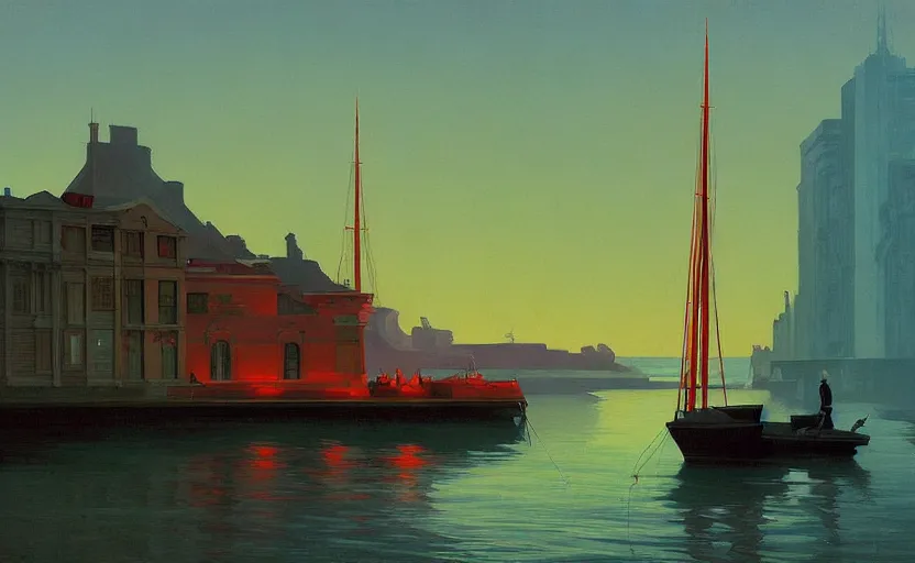 Prompt: Old victorian harbour at dusk, very coherent, painted by Edward Hopper, Wayne Barlowe, painted by James Gilleard, airbrush, art by JamesJean