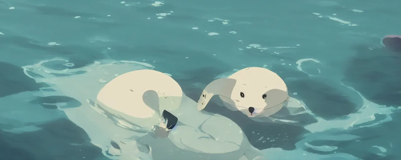 Prompt: a baby harp seal swimming in a tropical river, atey ghailan, goro fujita, studio ghibli, rim light, dark lighting, clear focus, very coherent