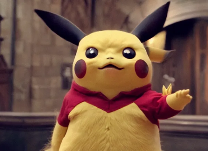 Prompt: a film still of professor pikachu in harry potter