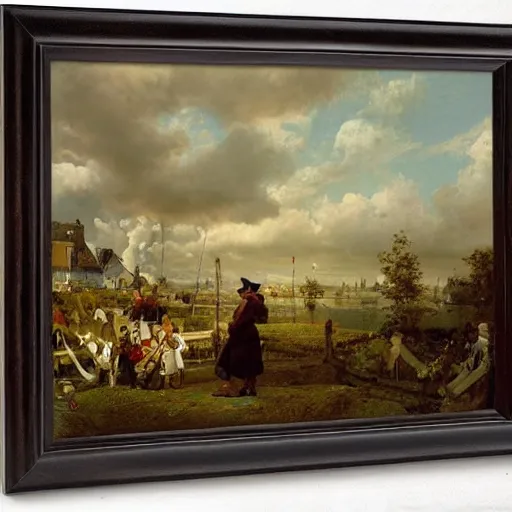 Image similar to scarecrow parade, landscape, romanticism by andreas achenbach