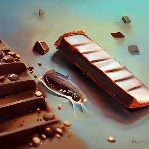 Image similar to a fish laying on top of a chocolate bar. soft, atmospheric, warm lighting. highly detailed digital painting by mandy jurgens.