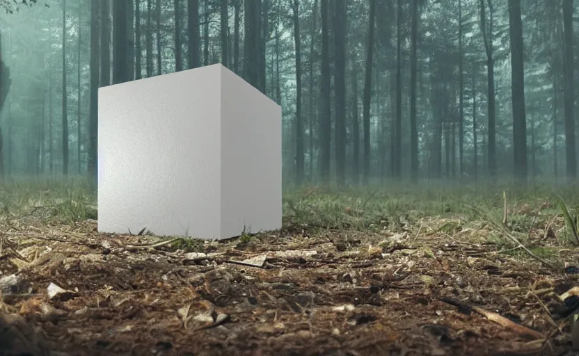 Prompt: one textured white metallic cube on the ground in the forest, realistic sci-fi painting by simon stålenhag, digital art, trending on artstation