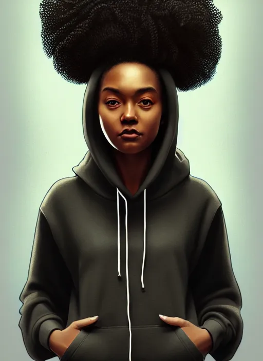 Image similar to full body portrait of young black woman as a software engineer, oversized hoodie, intricate, beautiful and elegant, highly detailed, digital painting, artstation, concept art, smooth, sharp focus, illustration, art by wlop, mars ravelo and greg rutkowski