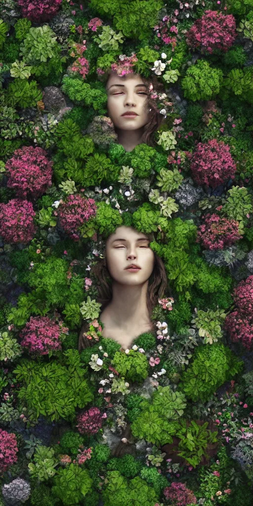 Image similar to an aerial view beautiful garden forming the face of a beautiful goddess, hyperrealism, 8 k, octane render, dramatic lighting, trending on artstation