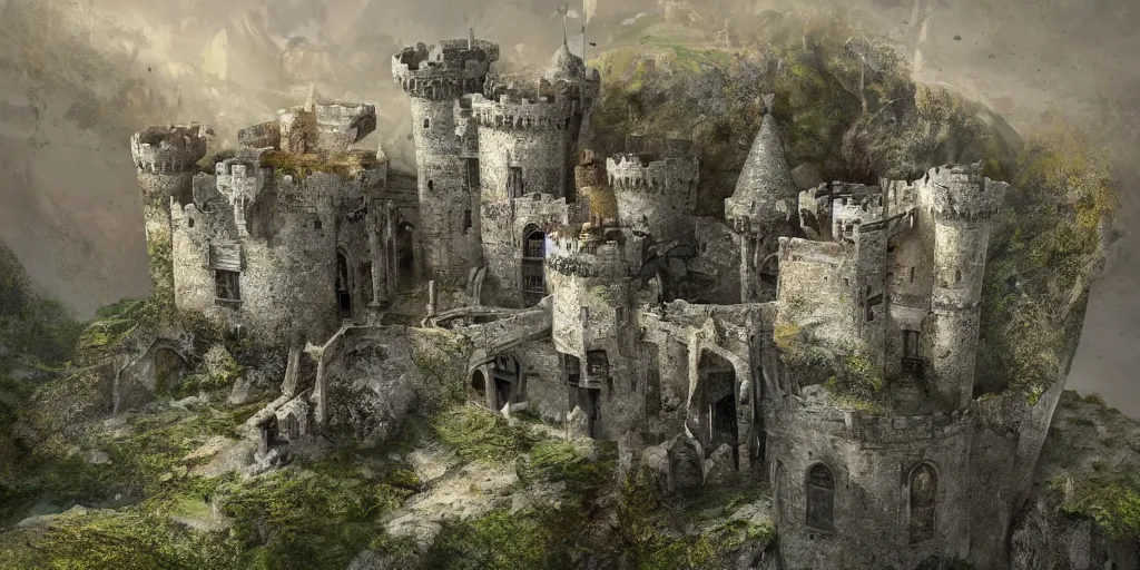 Image similar to a abandoned castle on the edge of a high cliff, 8 k, shallow depth of field, intricate detail, concept art,