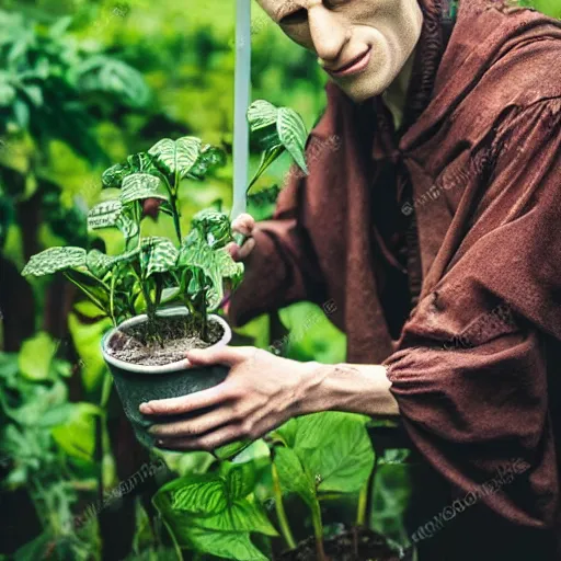 Prompt: portrait of nosferatu giving water to plants in the garden, realistic detailed photography, 5 0 mm lens