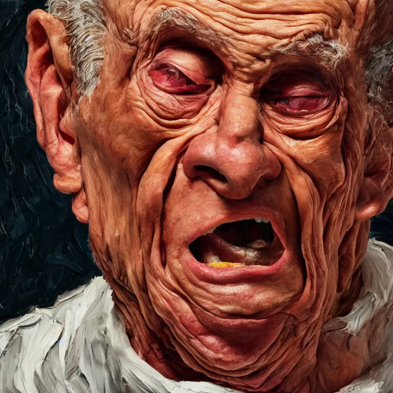 Image similar to warmly lit close up studio portrait of aging angry!! screaming! old Seinfeld age 115 wrinkled furious!, impasto oil painting thick brushstrokes by Lucian Freud and Cy Twombly and Tim Hawkinson , trending on artstation dramatic lighting Expressionism