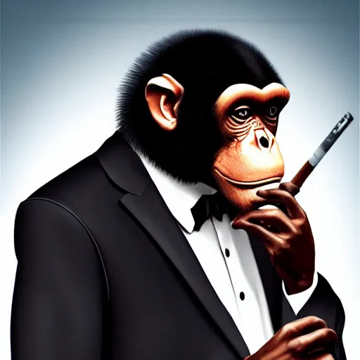 Image similar to a high detail photo of an antropomorphic chimp wearing a suit smoking a cigarrette, subject= chimp, subject detail: wearing a suit, subject action: smoking a cigar, photorealism, dramatic lighting, award winning photograph, trending on artstation