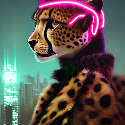 Image similar to a beautiful commission portrait of a male anthro cheetah wearing a neon jacket,futuristic,detailed face,mohawk,cyberpunk city,deviantart,artstation,art by greg rutkowski,ross tran,professional lighting,neon city,night,raytracing,highly realistic,4k,dramatic,hyperrealism