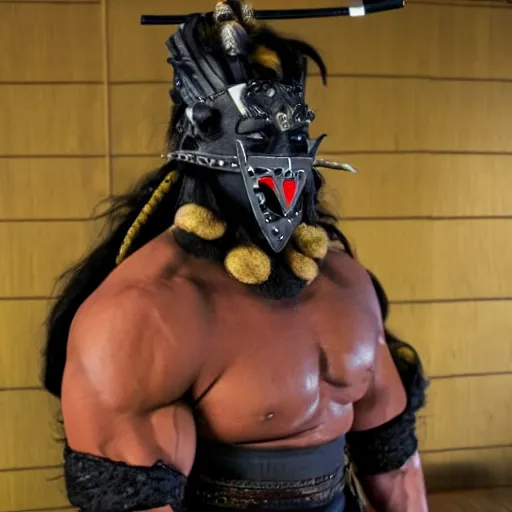 Image similar to big buff strong very buff samurai wearing an oni mask, movie still