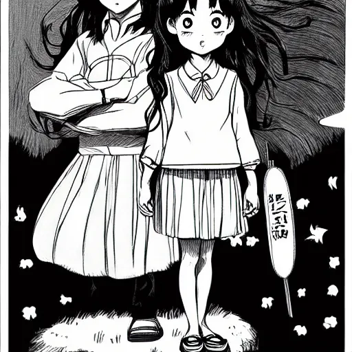 Prompt: a giant rabbit the size of a lion standing next to girl with long dark hair in sailor uniform, manga style, white background, clean lines in dark pen, drawn by junji ito