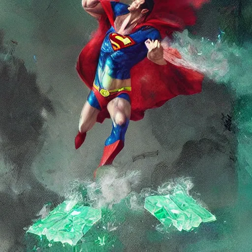 Image similar to superman smoke kryptonite dust cocaine, green kryptonite, art by greg rutkowski