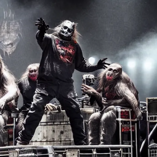 Prompt: Slipknot plays in front of a crowd of monkeys