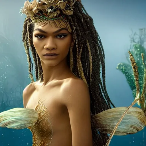 Prompt: zendaya as a dark - skinned mermaid la sirene haitian goddess, ultra - realistic, under water, white lilies, concept art, intricate details, bloom, highly detailed, photorealistic, octane render, 8 k, art by annie leibovitz and wlop and frank frazetta and simon bisley