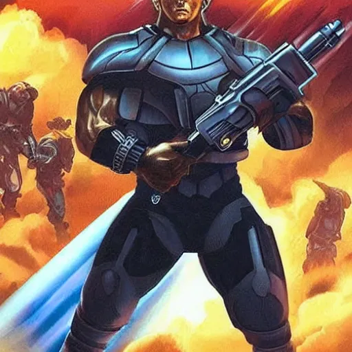 Prompt: A very muscular Vladimir Putin with a futuristic weapon in his hands, against the background of fighting against aliens, detailed style, super quality.