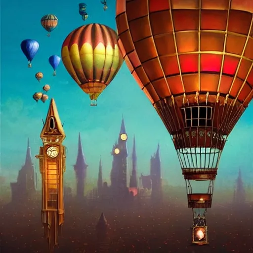 Image similar to a stunning fantasy scene of a steampunk hot - air balloon flying over an art deco city with a clock - tower | highly detailed | very intricate | disney pixar | steampunk | dramatic romantic epic breathtaking whimsical magical | bokeh moon stars | professional cinematic lighting | artdeco | painted by beeple and rhads and donato giancola | bold color palette | featured on artstation