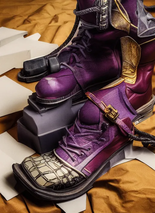 Image similar to hyperrealistic and heavy detailed product photo off white avant garde boot of thanos ( marvel comics ), in front of white back drop, whole shoe is in picture, leica sl 2 5 0 mm, vivid color, high quality, high textured, real life