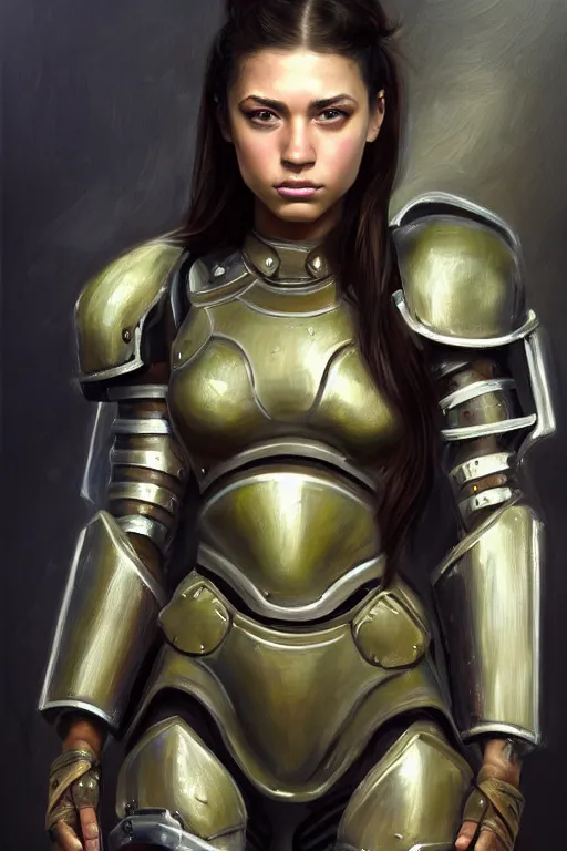 Image similar to a sharply detailed, photorealistically painted portrait of an attractive young female, partially clothed in sci-fi battle armor, with an abstractly painted background, flawless olive skin, fair complexion, long dark hair, beautiful bone structure, perfectly symmetric facial features, perfect photorealistic eyes, natural physique, intricate, elegant, digital painting, concept art, finely detailed, beautifully illustrated, sharp focus, minimal artifacts, volumetric lighting, from Halo, by Ruan Jia and Mandy Jurgens and Artgerm and William-Adolphe Bouguerea, in the style of Greg Rutkowski, trending on Artstation, award winning art