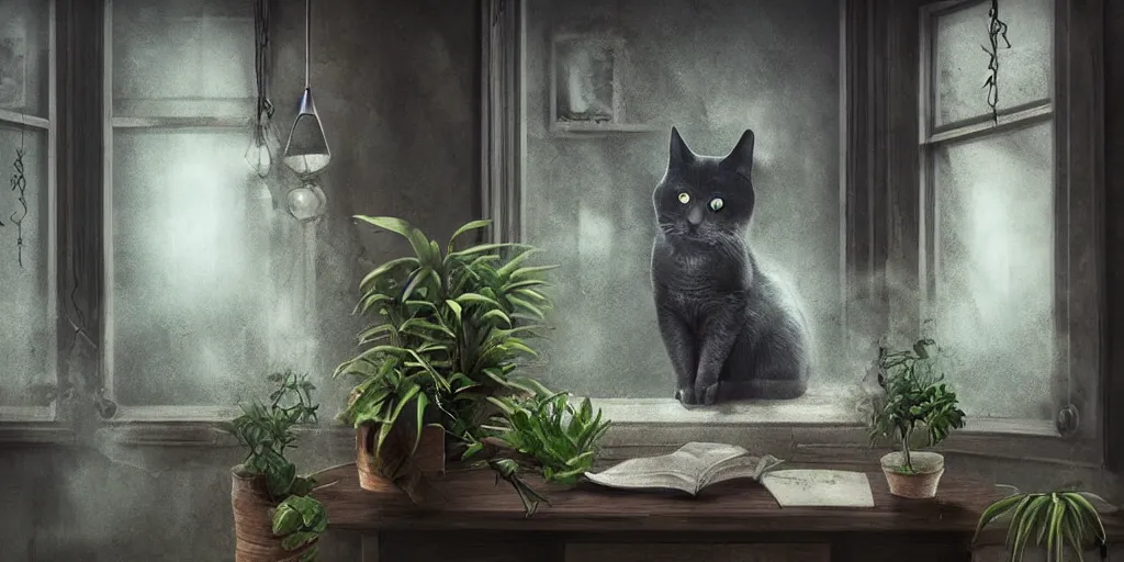 Image similar to a cat on a desk in an office with mirrors potted plants a gloomy and strange atmosphere a bit of mist ornate walls and luminous fish entering through the window by nikolina petolas