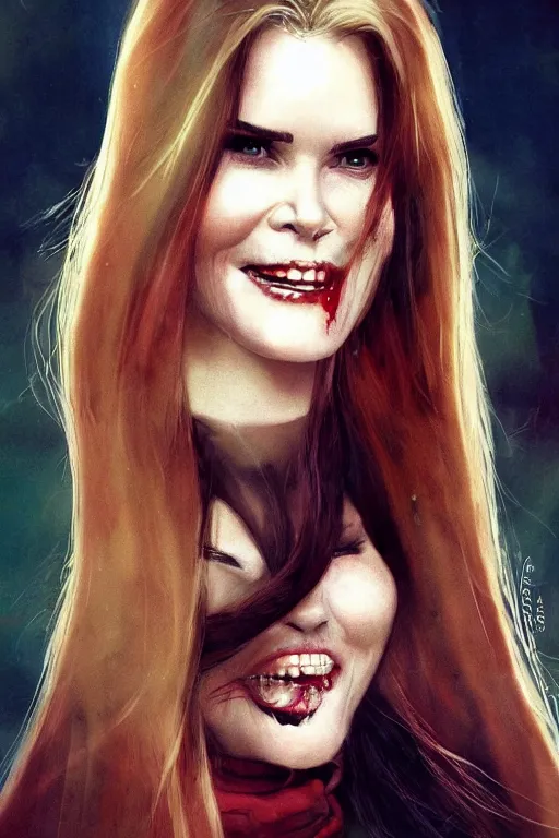 Image similar to mix of beautiful young maria shriver, mariel hemmingway, brooke shields, nicole kidman and elle macpherson as a vampire showing vampire teeth, ready to bite, thin lips, hair tied up in a pony tail, dark blonde hair, colorful, artstation, cgsociety