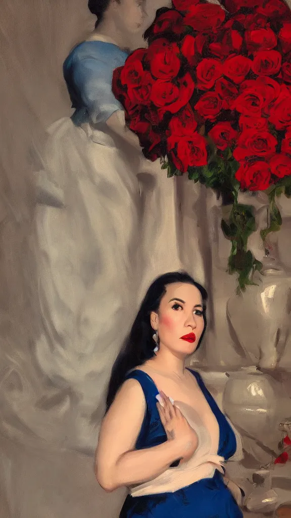 Prompt: portrait of rebekah delrio in lynch pattern dress beside of a big persian detailed pot of red roses, cinematic, artstation, blue and red lights painted by john singer sargent