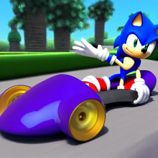 Prompt: sonic the hedgehog racing a go kart in space