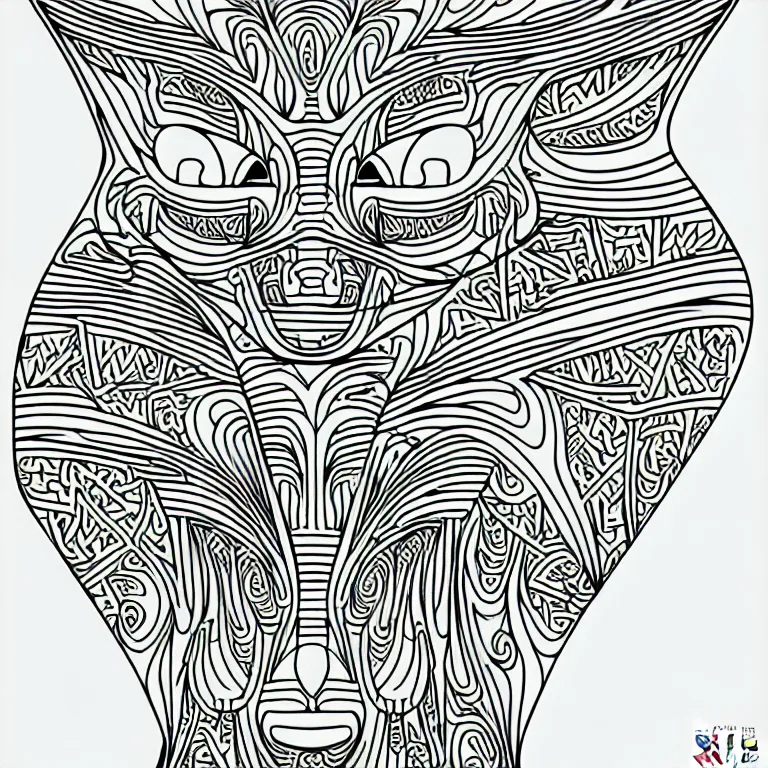 Prompt: egiptian cat's head ornaments fractal ink drawing line art colouring page, vector, margins, fine lines, centered