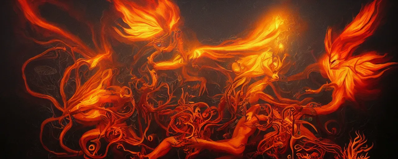 Image similar to whimsical fiery alchemical creatures, surreal dark uncanny painting by ronny khalil