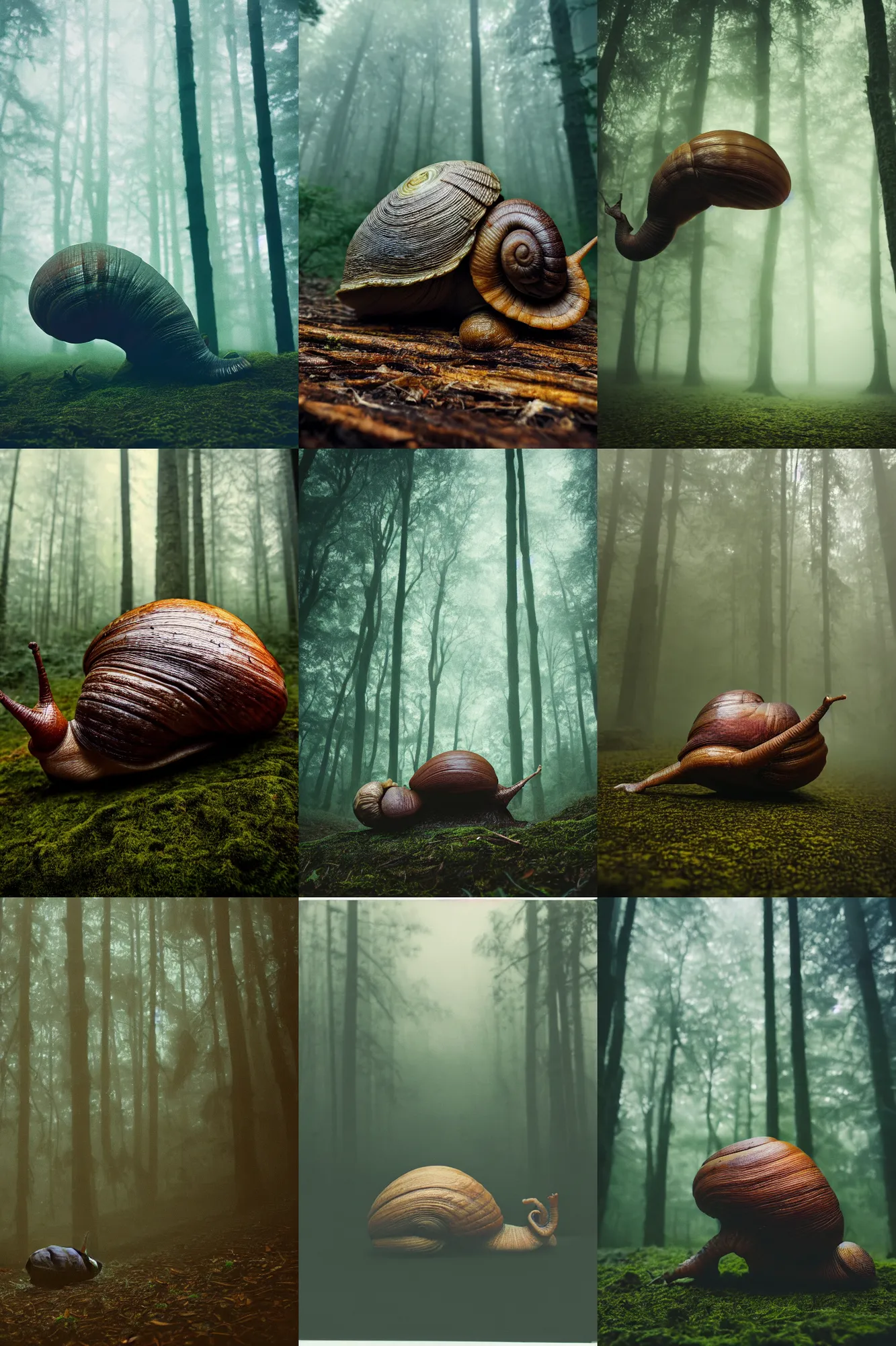 Prompt: polaroid of a massive, giant snail crawling in a forest, very foggy, moody, cold color palette, 4 k, high quality