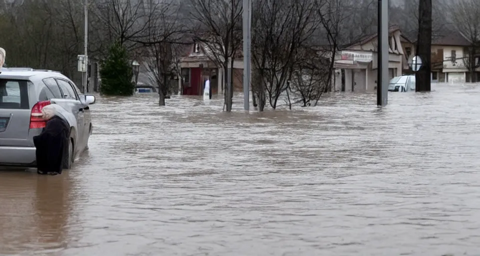 Prompt: Walter White visiting a small german town that is being flooded, movie screenshot, dramatic scene