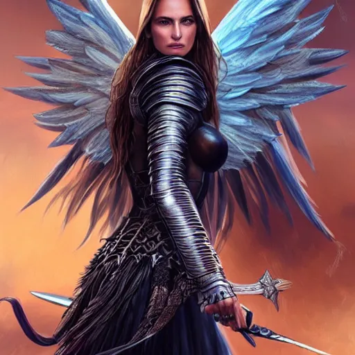 Image similar to beautiful young aasimar angel valkyrie warrior girl maiden wearing comfy leather armor with beautiful feathered angel wings, blue eyes, beautiful face, Alessandra Ambrosio, Natalie Portman, Emily Ratajkowski, innocent, intricate, elegant, highly detailed, ultradetailed, hyperdetailed, artstation, concept art, smooth, sharp focus, illustration, art by artgerm and greg rutkowski and Rossdraws and Bluesssatan and Mandy Jurgens and alphonse mucha