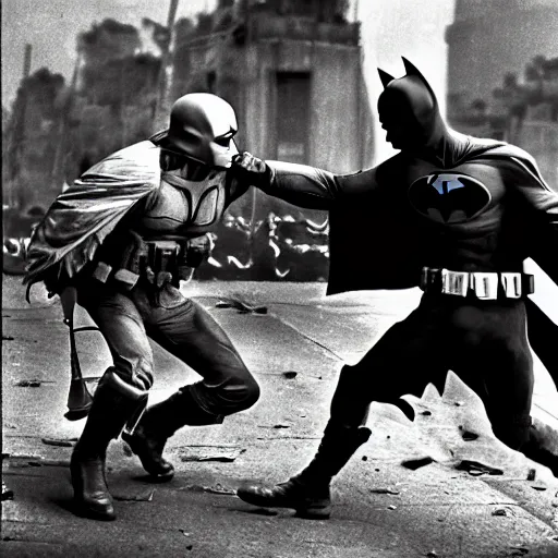 Prompt: Batman fighting in the Vietnam War, analog photograph, gritty, 1967