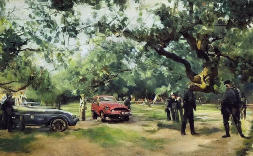 Image similar to oil painting lanscape by anders zorn, nature, fruit trees, very very very very beautiful art, dramatic light, police car closeup, arrest by angry police