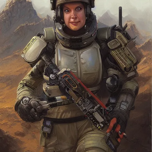 Prompt: Female Intergalactic combat paramedic on the battlefield, Sci-Fi portrait art by Donato Giancola and Bayard Wu, digital art, trending on artstation