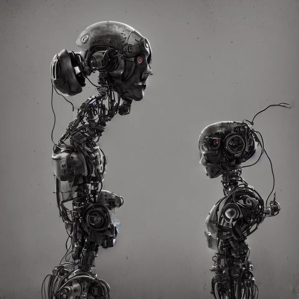 Prompt: robot with a headphone by ben templesmith, dynamic lighting, cinematic, epic composition, masterpiece