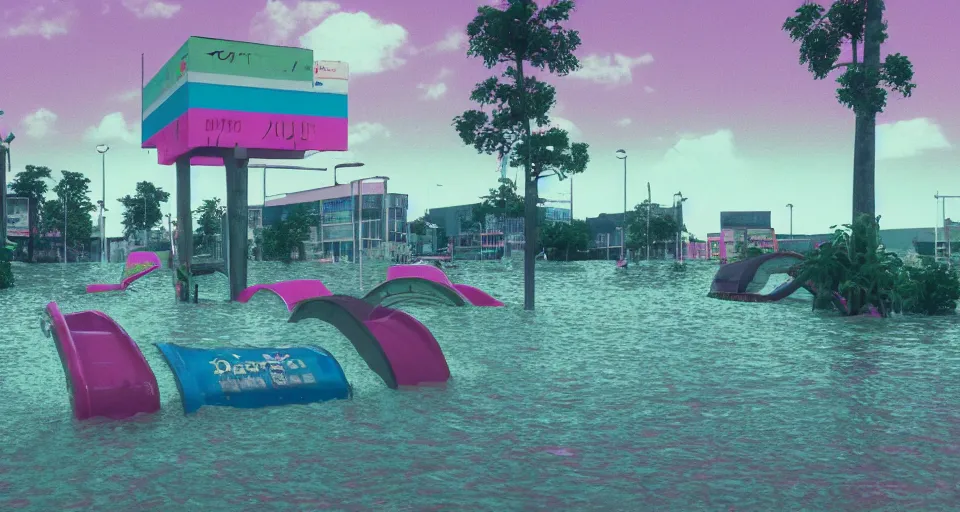 Image similar to 80s VHS vaporwave outrun 3d Render of a flooded german playground, liminal space retro, grainy, noisy