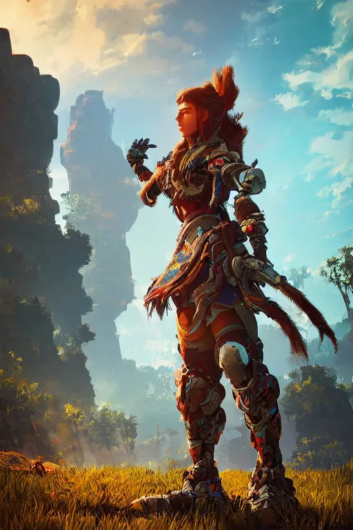 Image similar to combination suit armor aloy horizon forbidden west horizon zero dawn radiating a glowing aura global illumination ray tracing hdr fanart arstation by ian pesty and alena aenami artworks in 4 k tribal robot ninja mask helmet backpack