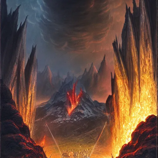 Image similar to Tolkien's The Silmarillion, morgoth attacking the valar, ultra detailed, matte painting, fire, water, earth, tree, army, epic, end of days, 8k