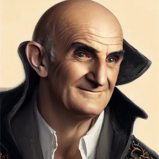 Prompt: smirking male bard, Louis de Funès, portrait, headshot, D&D, fantasy, highly detailed, digital painting, artstation, concept art, sharp focus, illustration, art by artgerm and greg rutkowski and alphonse mucha