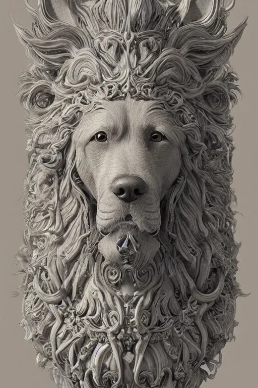 Image similar to Dog as a god, detailed face, statue, gorgeous, Delicate and intricate borders for decoration, amazing, flowing hair, muscular, fit, very muscular male body, crepuscular ray, intricate, highly detailed, 8K, digital painting, artstation, concept art, sharp focus, over-shoulder shot, illustration, art by greg rutkowski beeple and alphonse mucha